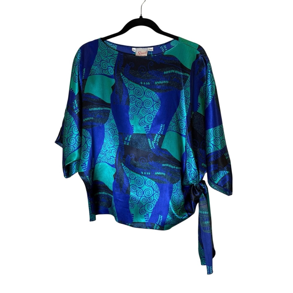 Vintage 80’s Women’s Siasia Blue and Green Abstract Print Blouse sz XS